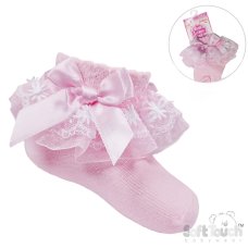 S115-P: Pink Lace Socks w/Flower Trim & Bow (NB-18 Months)